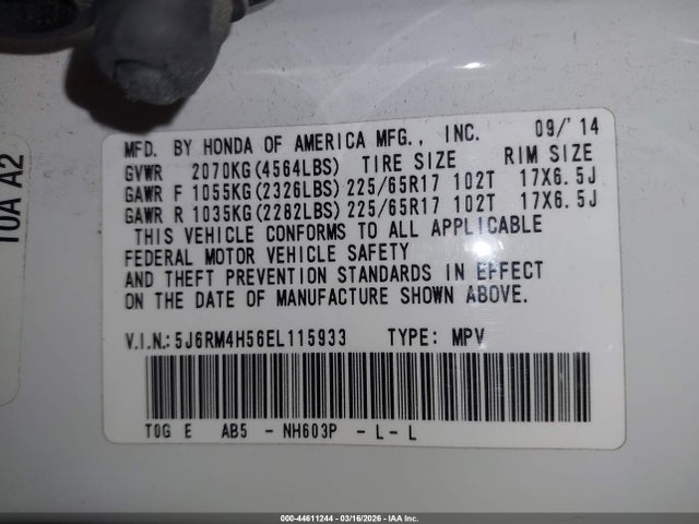Auction sale of the 2014 Honda Cr-v Ex, vin: 5J6RM4H56EL115933, lot number: 44611244