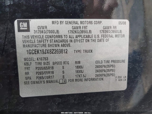 Продажа на аукционе авто 2008 Chevrolet Silverado 1500 Lt1, vin: 1GCEK19JX8Z269812, номер лота: 44611253