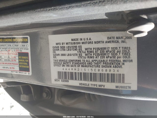 Продаж на аукціоні авто 2005 Mitsubishi Endeavor Ls, vin: 4A4MM21S15E060034, номер лоту: 44611260