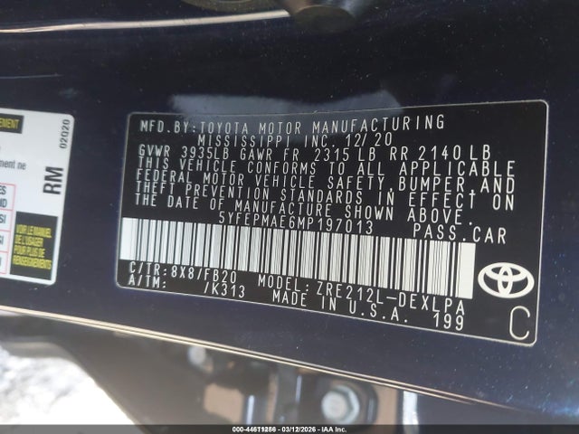 5YFEPMAE6MP197013 Toyota COROLLA LE
