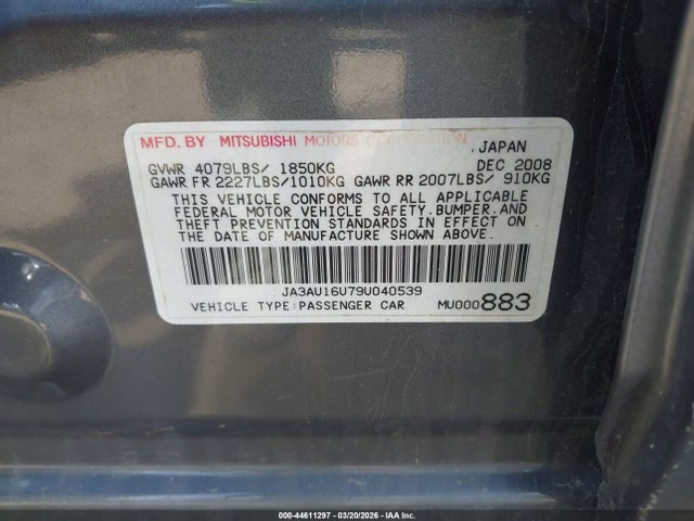 2009 Mitsubishi Lancer De მანქანა იყიდება აუქციონზე, vin: JA3AU16U79U040539, აუქციონის ნომერი: 44611297