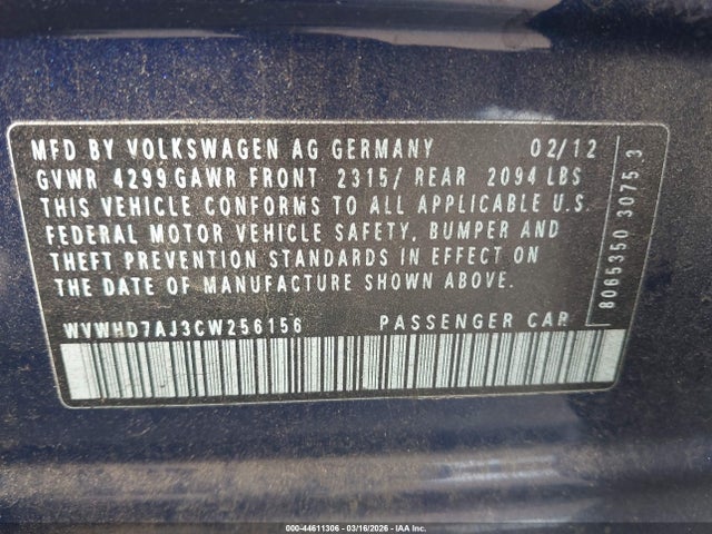 Aukcja sprzedaży 2012 Volkswagen Gti 4-door, vin: WVWHD7AJ3CW256156, numer aukcji: 44611306