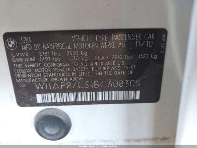 2011 Bmw 535i მანქანა იყიდება აუქციონზე, vin: WBAFR7C51BC608303, აუქციონის ნომერი: 44611309