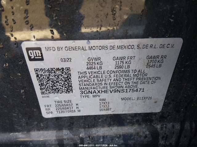 44611311 :رقم المزاد ، 3GNAXHEV9NS175471 vin ، 2022 Chevrolet Equinox Fwd Ls مزاد بيع
