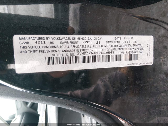 Продаж на аукціоні авто 2011 Volkswagen Jetta 2.5l Se, vin: 3VWDZ7AJ3BM319543, номер лоту: 44611333