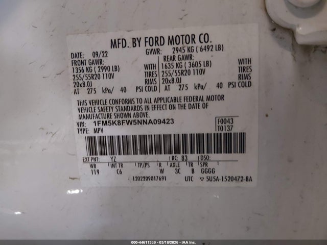 44611339 :رقم المزاد ، 1FM5K8FW5NNA09423 vin ، 2022 Ford Explorer Limited مزاد بيع