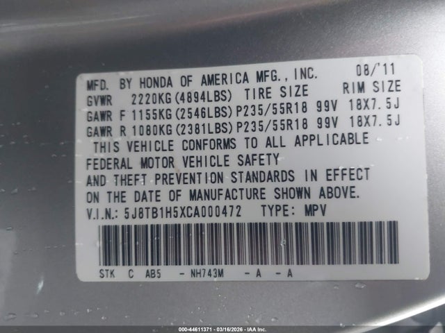 44611371 :رقم المزاد ، 5J8TB1H5XCA000472 vin ، 2012 Acura Rdx مزاد بيع