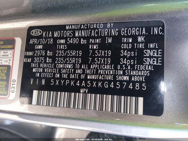 44611380 :رقم المزاد ، 5XYPK4A5XKG457485 vin ، 2019 Kia Sorento 3.3l Sxl مزاد بيع