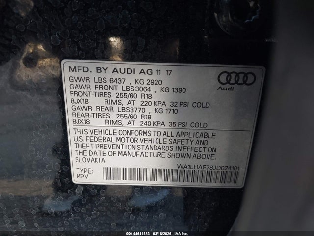 44611383 :رقم المزاد ، WA1LHAF78JD024101 vin ، 2018 Audi Q7 2.0t Premium مزاد بيع