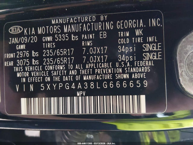 2020 Kia Sorento 2.4l Lx მანქანა იყიდება აუქციონზე, vin: 5XYPG4A38LG666659, აუქციონის ნომერი: 44611388