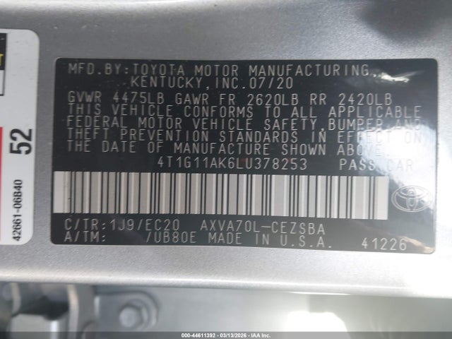 4T1G11AK6LU378253 Toyota Camry Se Nightshade Edition