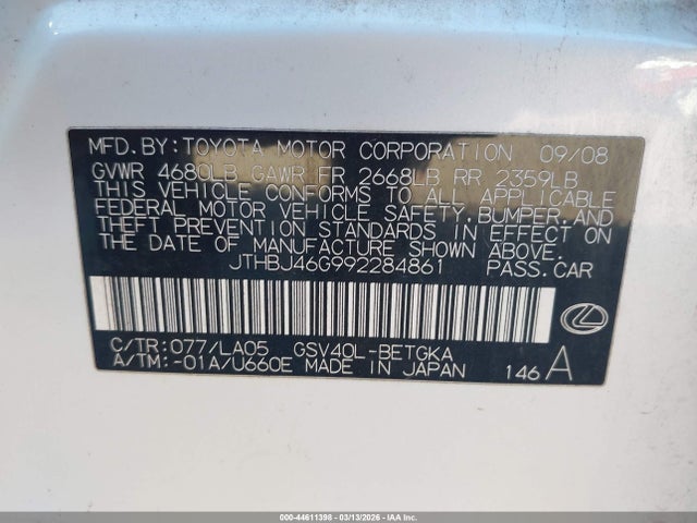 Продажа на аукционе авто 2009 Lexus Es 350, vin: JTHBJ46G992284861, номер лота: 44611398