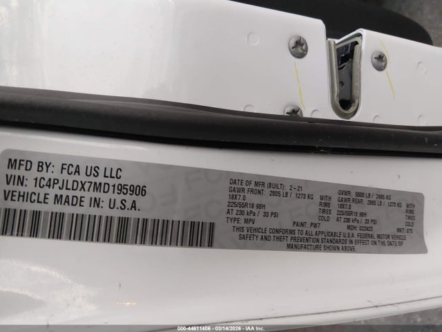 Продажа на аукционе авто 2021 Jeep Cherokee Limited Fwd, vin: 1C4PJLDX7MD195906, номер лота: 44611406