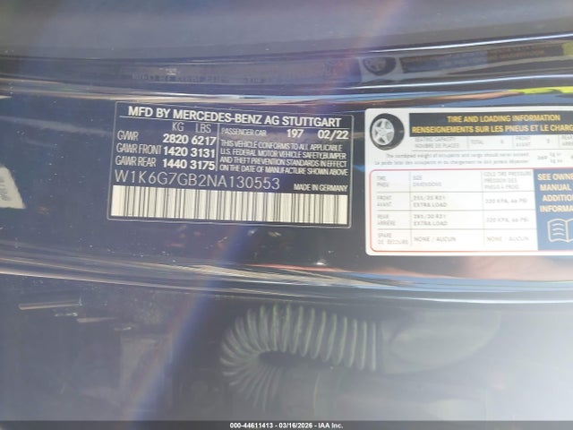 Продаж на аукціоні авто 2022 Mercedes-benz S 580 4matic, vin: W1K6G7GB2NA130553, номер лоту: 44611413