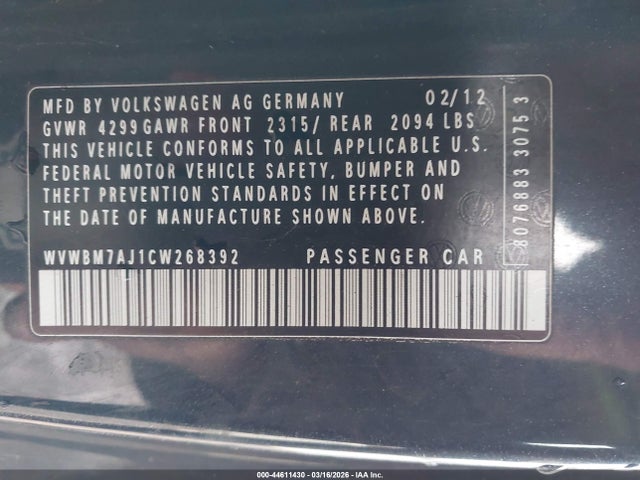 Aukcja sprzedaży 2012 Volkswagen Golf Tdi 2-door, vin: WVWBM7AJ1CW268392, numer aukcji: 44611430