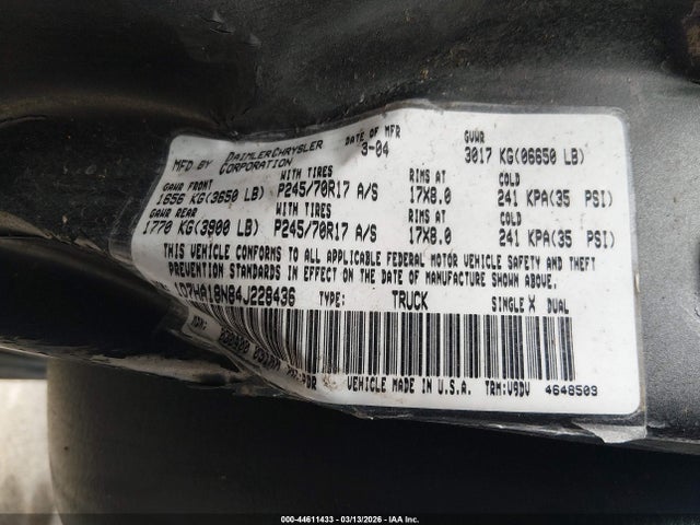 Продажа на аукционе авто 2004 Dodge Ram 1500 Slt/laramie, vin: 1D7HA18N84J228436, номер лота: 44611433