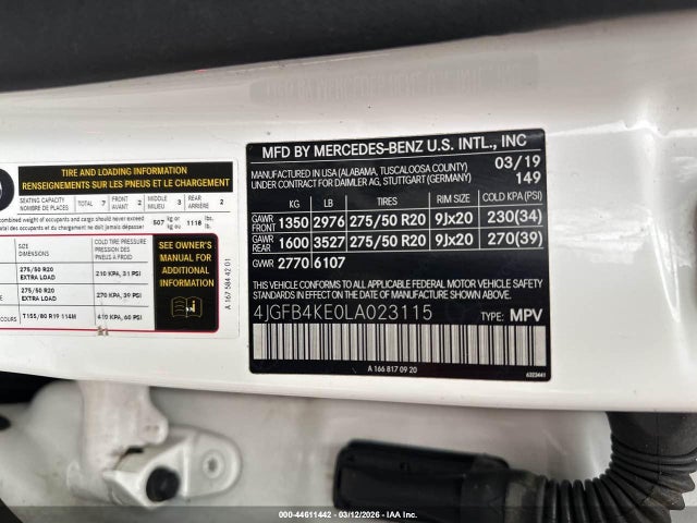 44611442 :رقم المزاد ، 4JGFB4KE0LA023115 vin ، 2020 Mercedes-benz Gle 350 4matic مزاد بيع