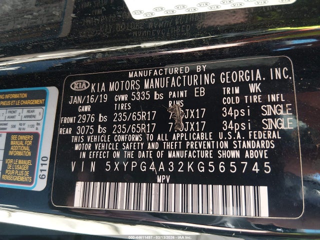 5XYPG4A32KG565745 KIA Sorento 2.4l Lx