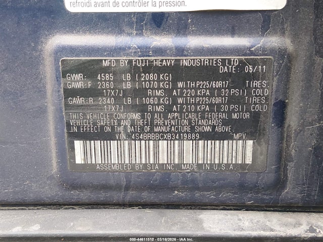 Продаж на аукціоні авто 2011 Subaru Outback 2.5i Premium, vin: 4S4BRBBCXB3419889, номер лоту: 44611512
