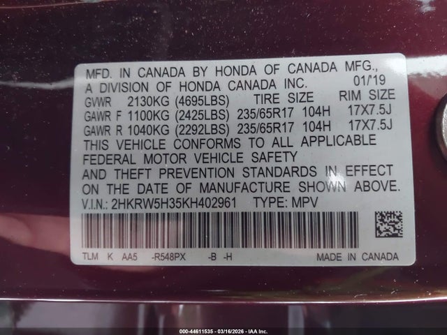 2019 Honda Cr-v Lx მანქანა იყიდება აუქციონზე, vin: 2HKRW5H35KH402961, აუქციონის ნომერი: 44611535