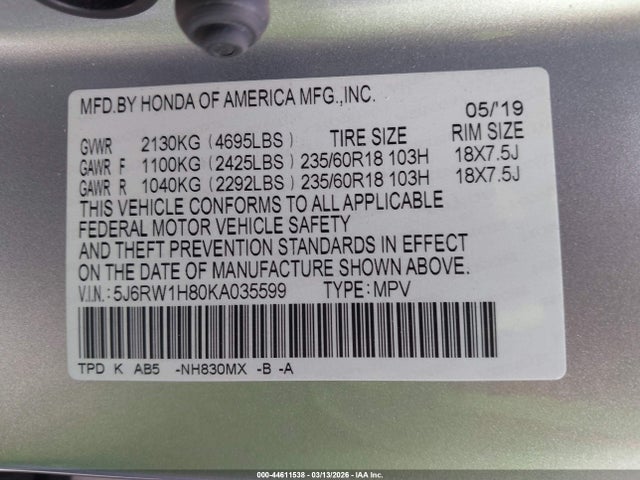 5J6RW1H80KA035599 Honda Cr-v Ex-l