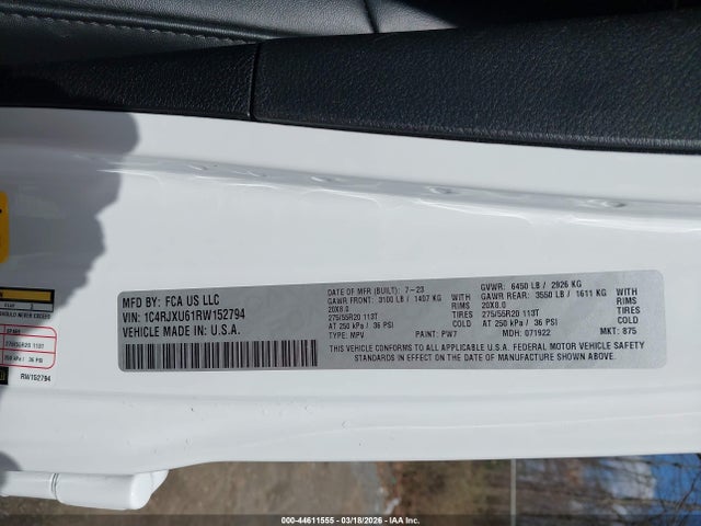 44611555 :رقم المزاد ، 1C4RJXU61RW152794 vin ، 2024 Jeep Wrangler 4xe Summit 4xe مزاد بيع