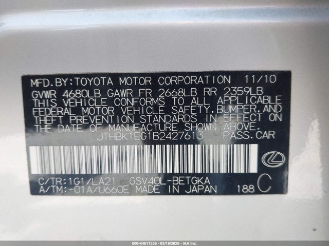 Aukcja sprzedaży 2011 Lexus Es 350, vin: JTHBK1EG1B2427613, numer aukcji: 44611556