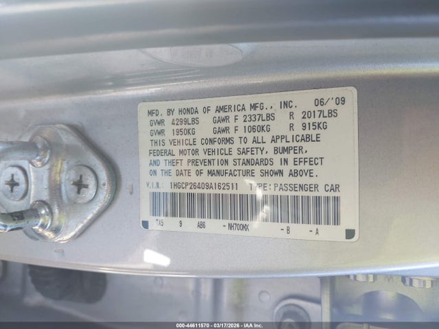 44611570 :رقم المزاد ، 1HGCP26409A162511 vin ، 2009 Honda Accord 2.4 Lx-p مزاد بيع