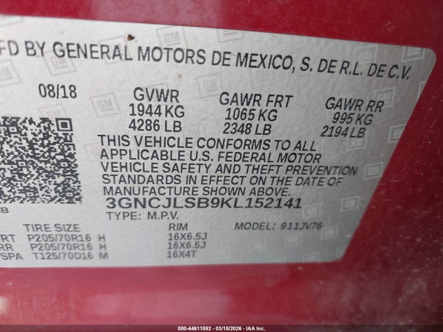 Chevrolet Trax Lt 2019 3GNCJLSB9KL152141 Image 9