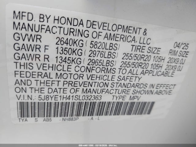 Aukcja sprzedaży 2025 Acura Mdx Technology Package, vin: 5J8YE1H41SL032363, numer aukcji: 44611595