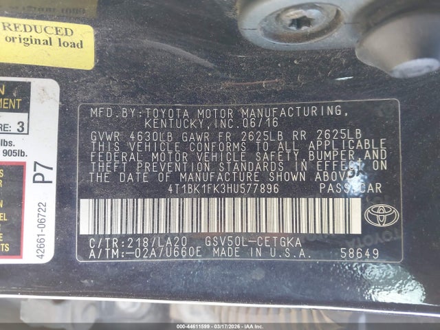 44611599 :رقم المزاد ، 4T1BK1FK3HU577896 vin ، 2017 Toyota Camry Xle V6 مزاد بيع