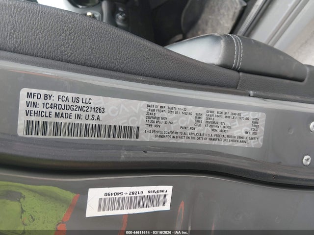 2022 Dodge Durango Gt Plus Awd მანქანა იყიდება აუქციონზე, vin: 1C4RDJDG2NC211263, აუქციონის ნომერი: 44611614