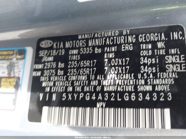 Продажа на аукционе авто 2020 Kia Sorento 2.4l Lx, vin: 5XYPG4A32LG634323, номер лота: 44611615
