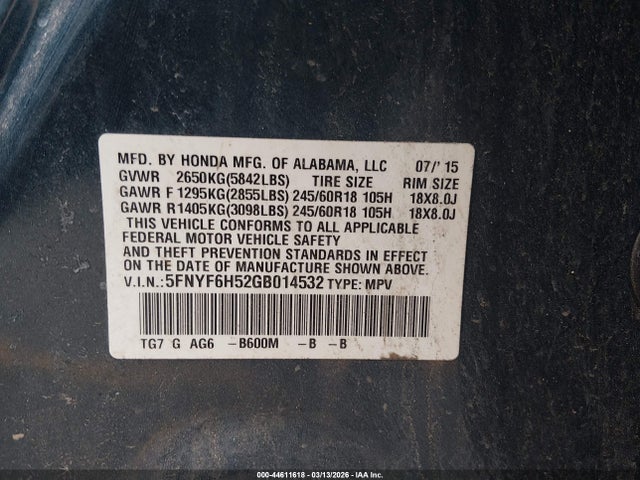 5FNYF6H52GB014532 Honda Pilot Ex-l