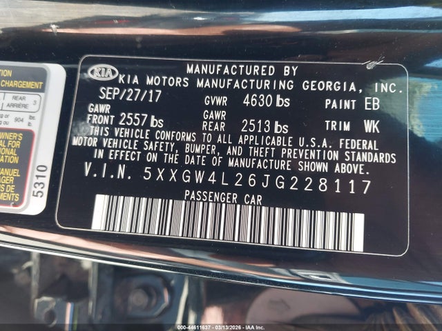 44611637 :رقم المزاد ، 5XXGW4L26JG228117 vin ، 2018 Kia Optima Sx Turbo مزاد بيع