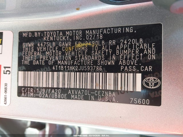 4T1B11HK2JU593786 Toyota CAMRY LE