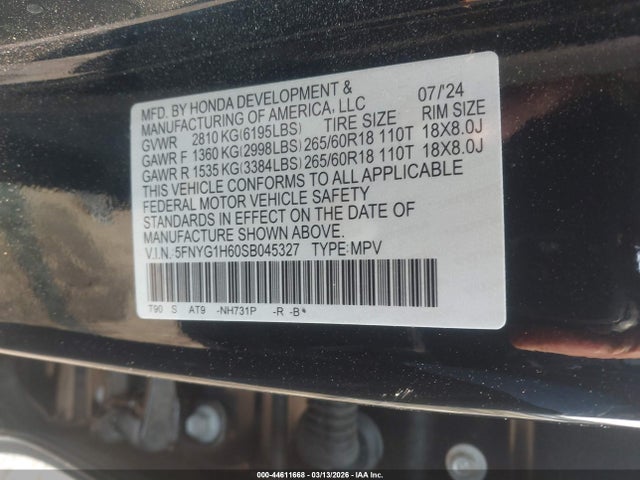 2025 Honda Pilot Trailsport მანქანა იყიდება აუქციონზე, vin: 5FNYG1H60SB045327, აუქციონის ნომერი: 44611668