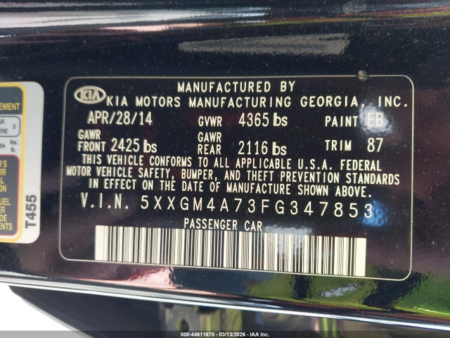 2015 Kia Optima Lx მანქანა იყიდება აუქციონზე, vin: 5XXGM4A73FG347853, აუქციონის ნომერი: 44611670