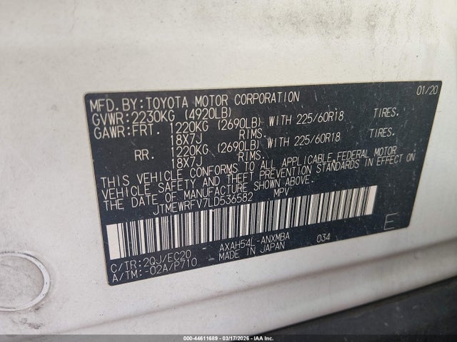 44611689 :رقم المزاد ، JTMEWRFV7LD536582 vin ، 2020 Toyota Rav4 Hybrid Xse مزاد بيع