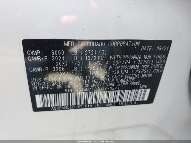 Продажа на аукционе авто 2021 Subaru Ascent Limited, vin: 4S4WMAPD5M3473941, номер лота: 44611693