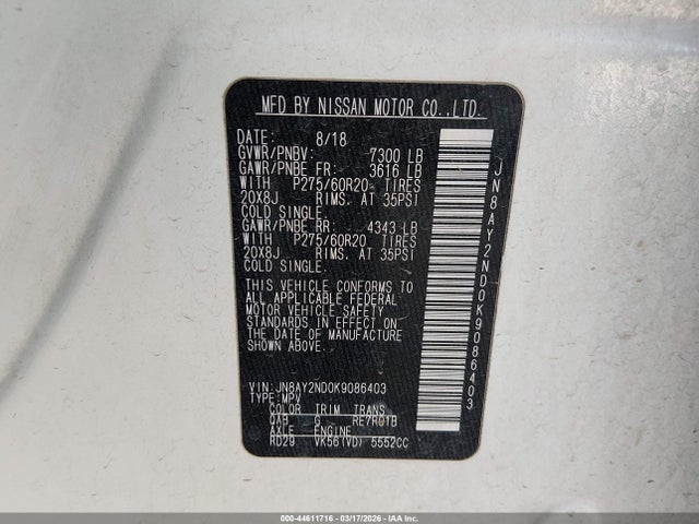 Продажа на аукционе авто 2019 Nissan Armada Platinum, vin: JN8AY2ND0K9086403, номер лота: 44611716
