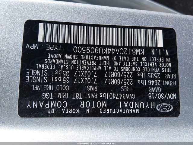 2019 Hyundai Tucson Se მანქანა იყიდება აუქციონზე, vin: KM8J2CA44KU909500, აუქციონის ნომერი: 44611722
