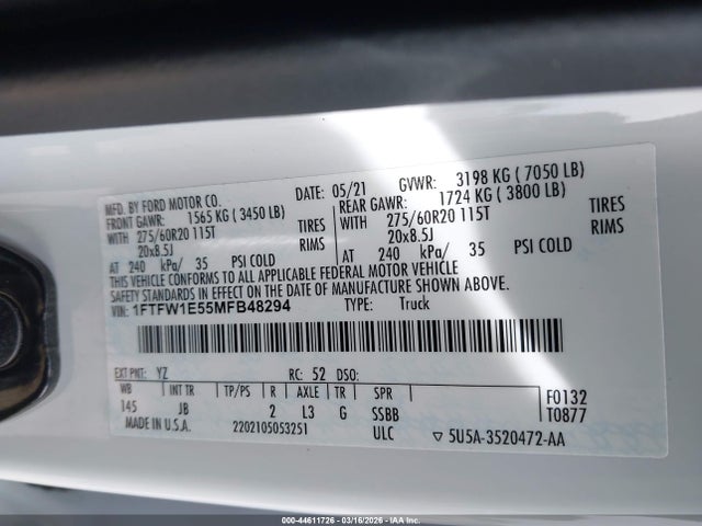Продаж на аукціоні авто 2021 Ford F-150 Xl, vin: 1FTFW1E55MFB48294, номер лоту: 44611726