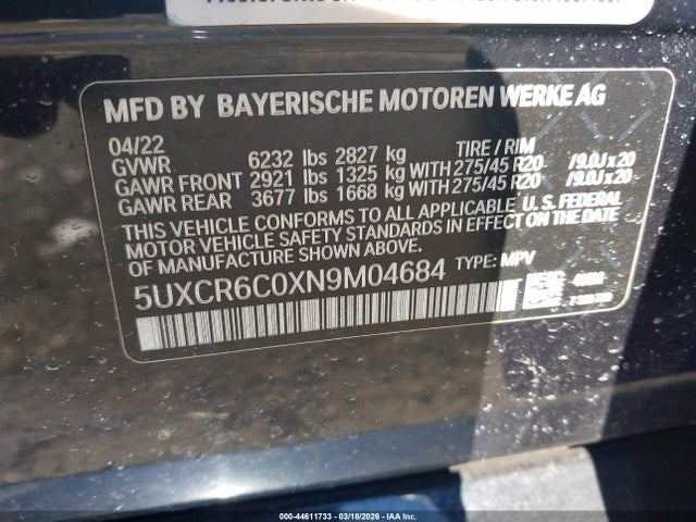 44611733 :رقم المزاد ، 5UXCR6C0XN9M04684 vin ، 2022 Bmw X5 Xdrive40i مزاد بيع