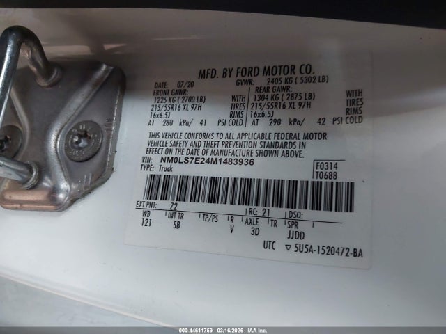 2021 Ford Transit Connect Xl მანქანა იყიდება აუქციონზე, vin: NM0LS7E24M1483936, აუქციონის ნომერი: 44611759