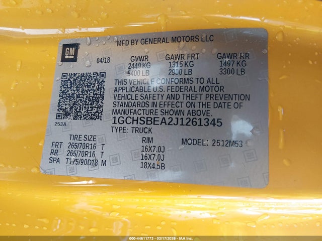 Aukcja sprzedaży 2018 Chevrolet Colorado Wt, vin: 1GCHSBEA2J1261345, numer aukcji: 44611773
