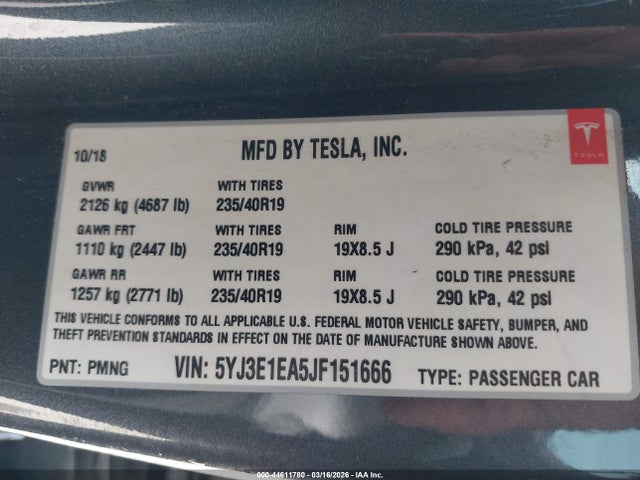 Aukcja sprzedaży 2018 Tesla Model 3 Long Range/mid Range, vin: 5YJ3E1EA5JF151666, numer aukcji: 44611780