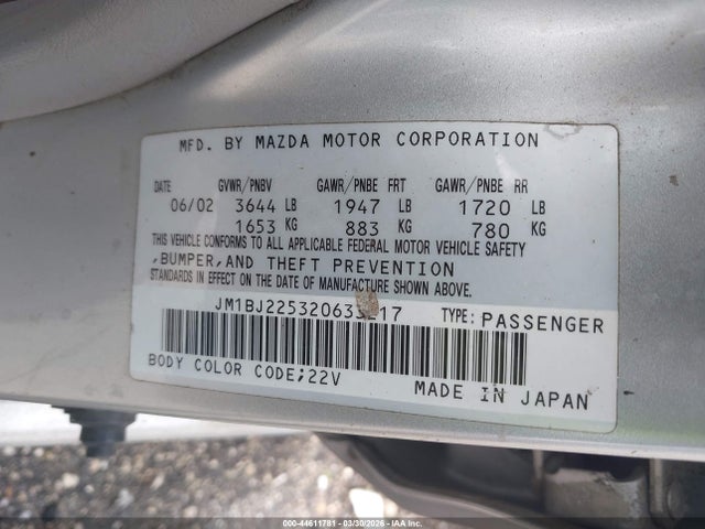 44611781 :رقم المزاد ، JM1BJ225320633217 vin ، 2002 Mazda Protege Dx/es/lx مزاد بيع