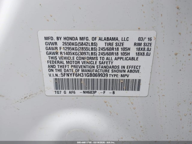 Aukcja sprzedaży 2016 Honda Pilot Ex, vin: 5FNYF6H31GB069939, numer aukcji: 44611788