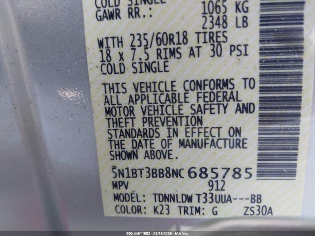 5N1BT3BB8NC685785 Nissan Rogue Sv Intelligent Awd